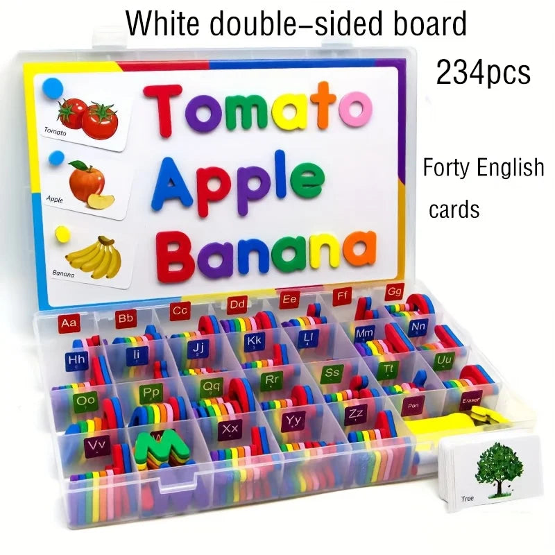 White double-sided board with colorful fruit and animal cards for teaching English words