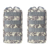 A pair of camouflage tactical MOLLE utility pouches in gray and tan fabric.