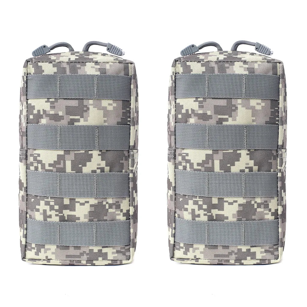 A pair of camouflage tactical MOLLE utility pouches in gray and tan fabric.