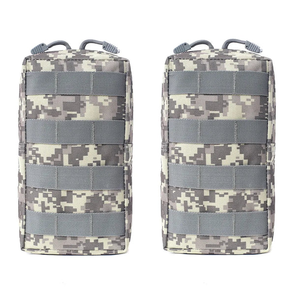 A pair of camouflage tactical MOLLE utility pouches in gray and tan fabric.