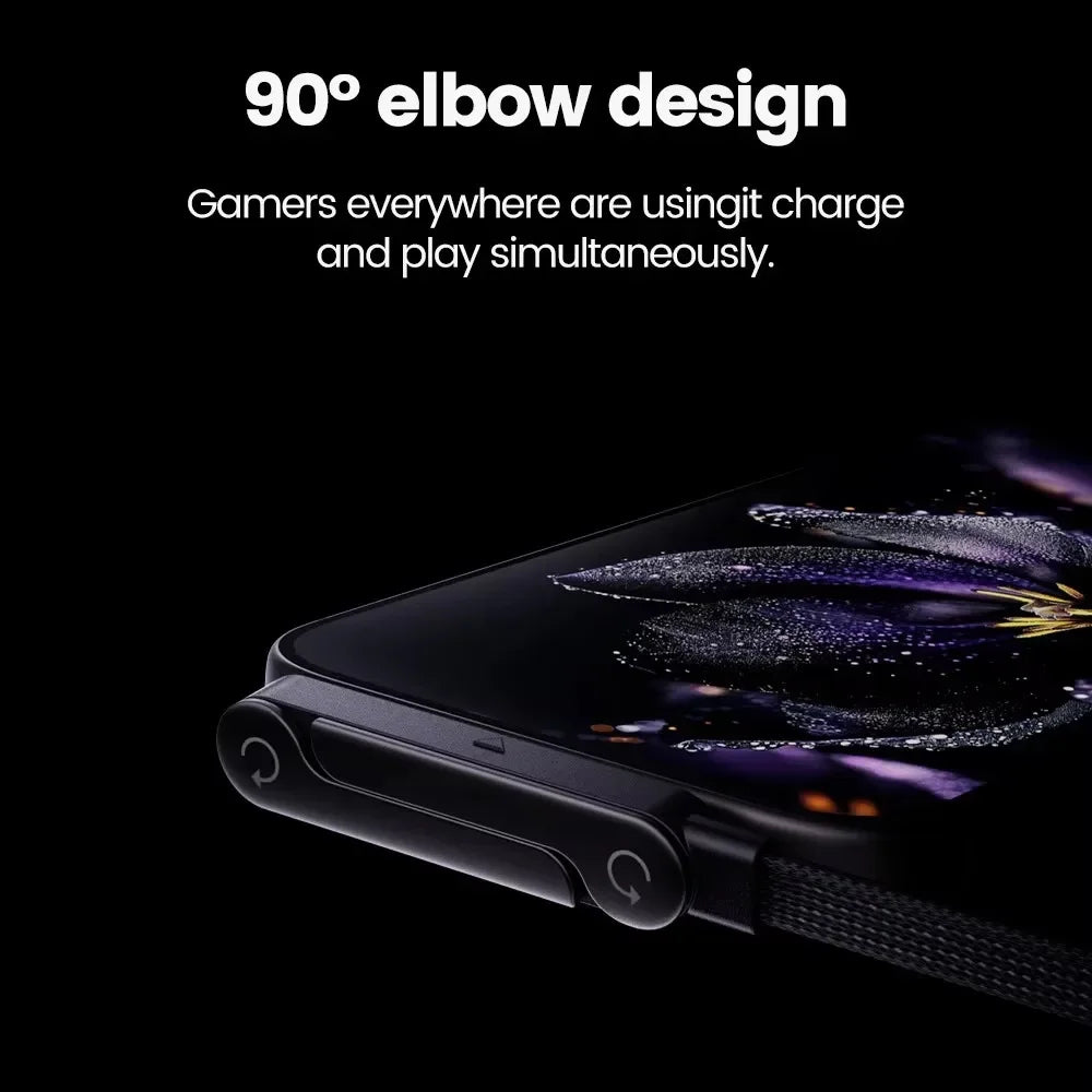 A close-up of a black foldable charging cable and phone holder designed for simultaneous charging and playing.