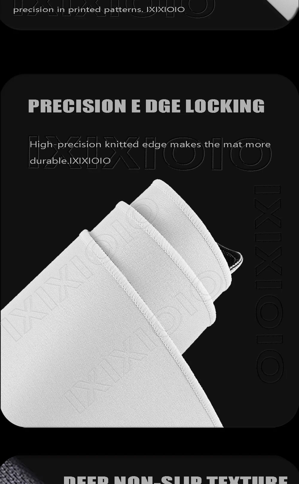 A close-up view of a white knitted edge on a mouse pad, highlighting precision and durability.
