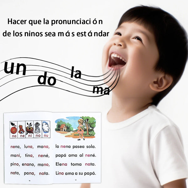 A child is smiling while learning Spanish words on a book page.