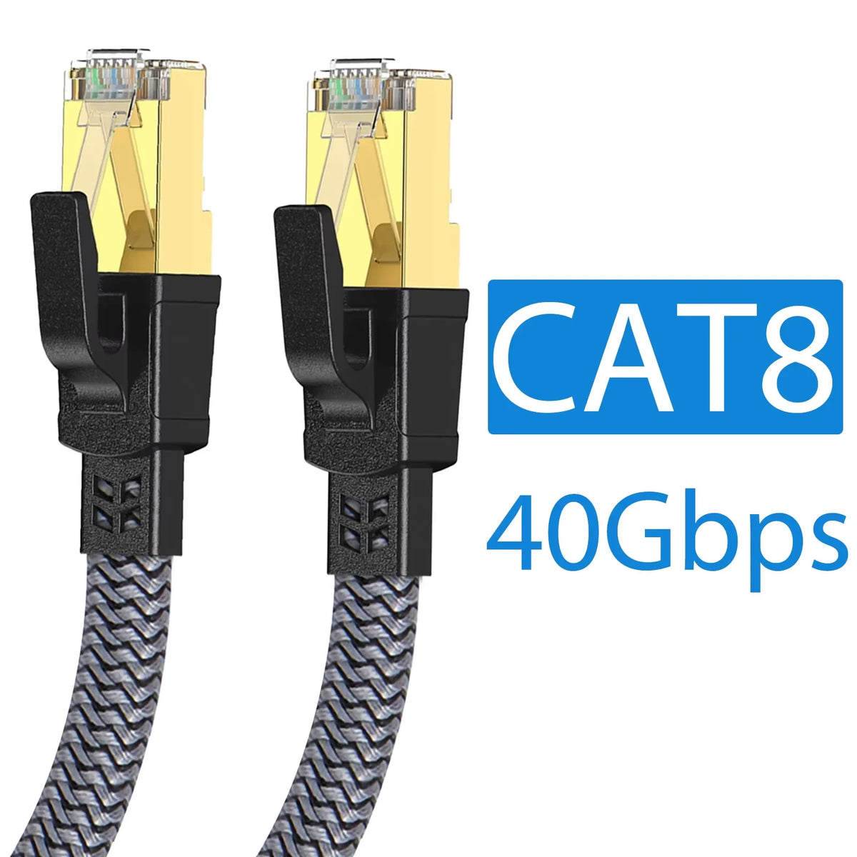 Zwei CAT8 Ethernet-Kabel mit goldenen Steckern und schwarzen Ummantelungen, die 40G-Geschwindigkeit hervorheben.