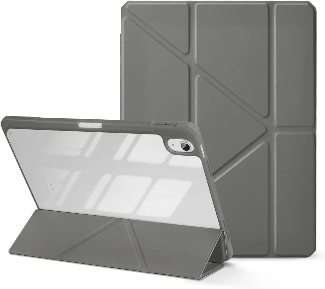 A silver tablet is shown next to its protective gray case.