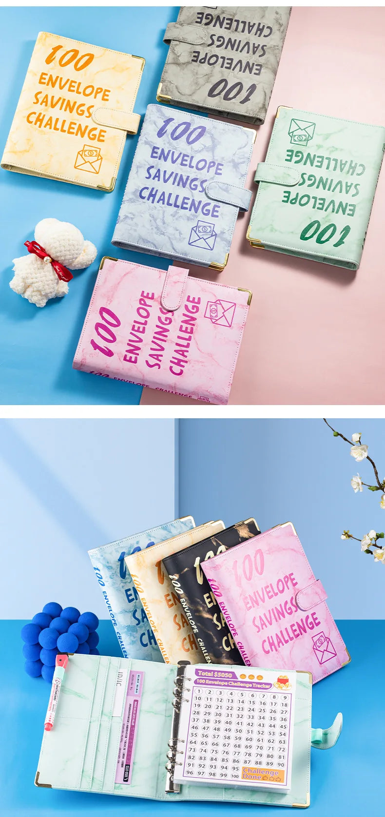 A collection of marble budget binders and cash envelopes in various shades of green, pink, and beige.