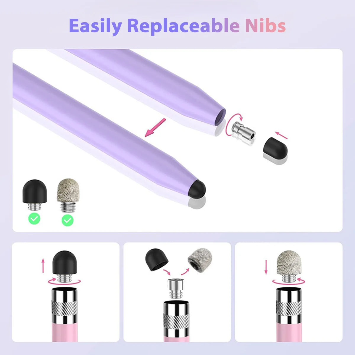 Replacement nibs and tips for a universal dual-tip capacitive stylus pen