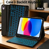 A black universal Bluetooth keyboard case and backlit keyboard shown next to an iPad.