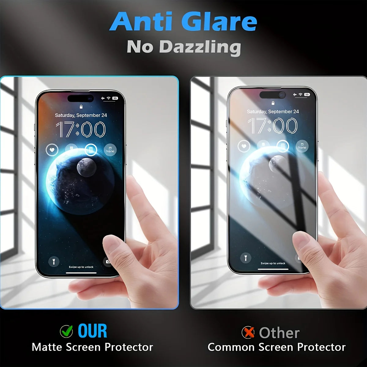 A hand holds an iPhone displaying an anti-glare screen protector, demonstrating its matte finish against light.