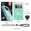 A teal waterproof phone case for diving, shown with its packaging and a lanyard.