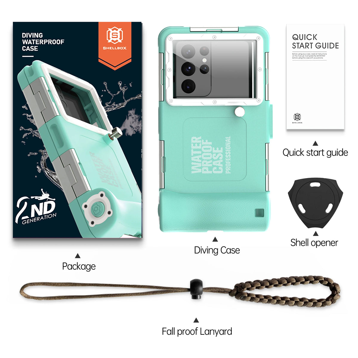 A teal waterproof phone case for diving, shown with its packaging and a lanyard.
