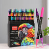 A set of dual-tip acrylic paint markers in various colors packaged in a black box.