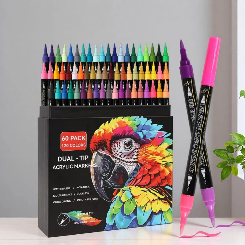 A set of dual-tip acrylic paint markers in various colors packaged in a black box.