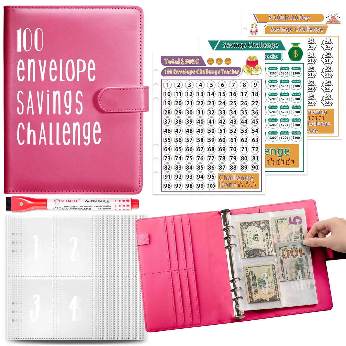 Rosa Umschlag Spar-Challenge-Tracker mit Seiten und rosa Ordner mit Geld und Tracking-Blättern.