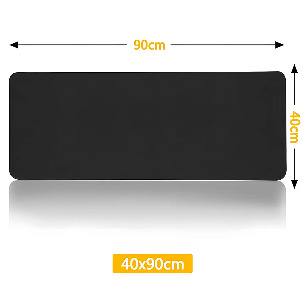 Black gaming mouse pad measuring 40cm by 90cm with stitched edges.