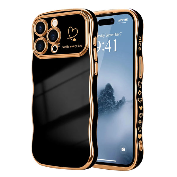 A black silicone case with a gold trim protecting an iPhone, shown next to the phone.