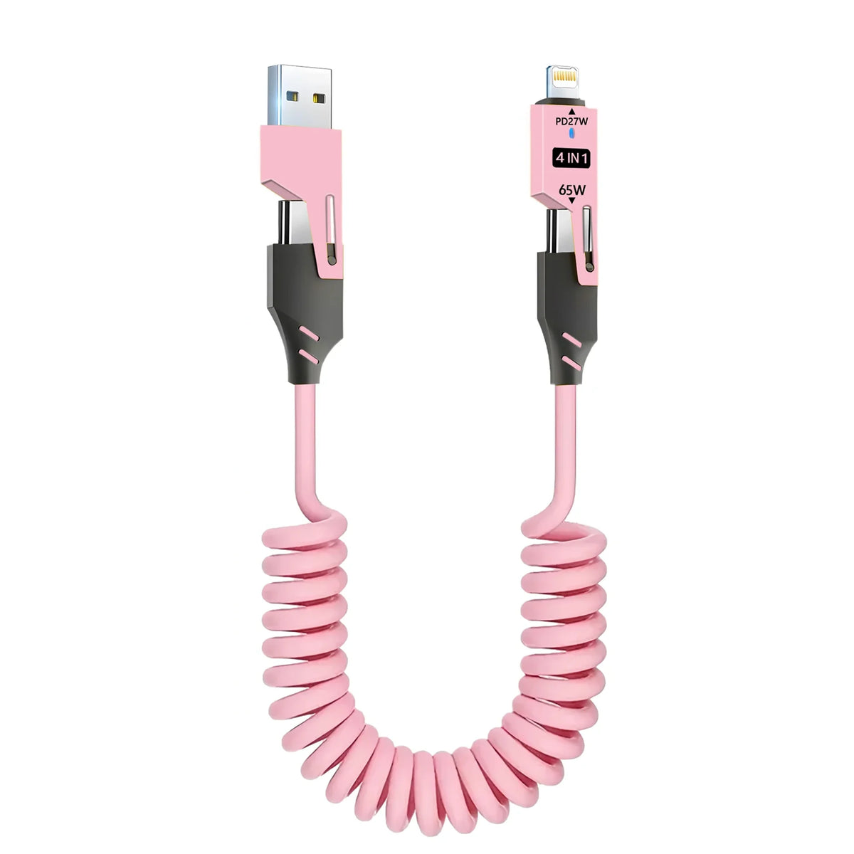 Pink retractable fast charging cable with a 65W USB-C adapter and black connector.