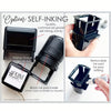 A black self-inking stamp is shown with an ink pad, demonstrating its use for printing logos and text.