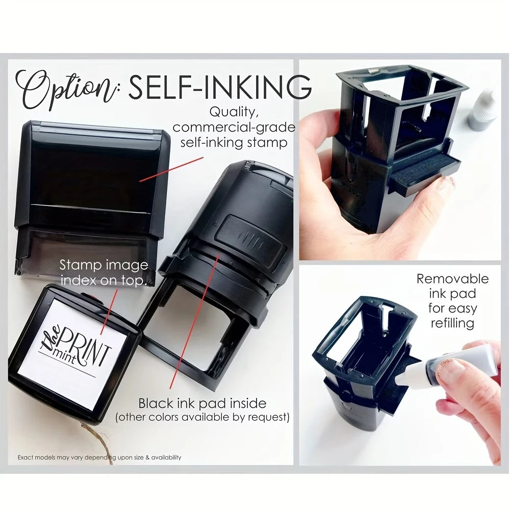 A black self-inking stamp is shown with an ink pad, demonstrating its use for printing logos and text.