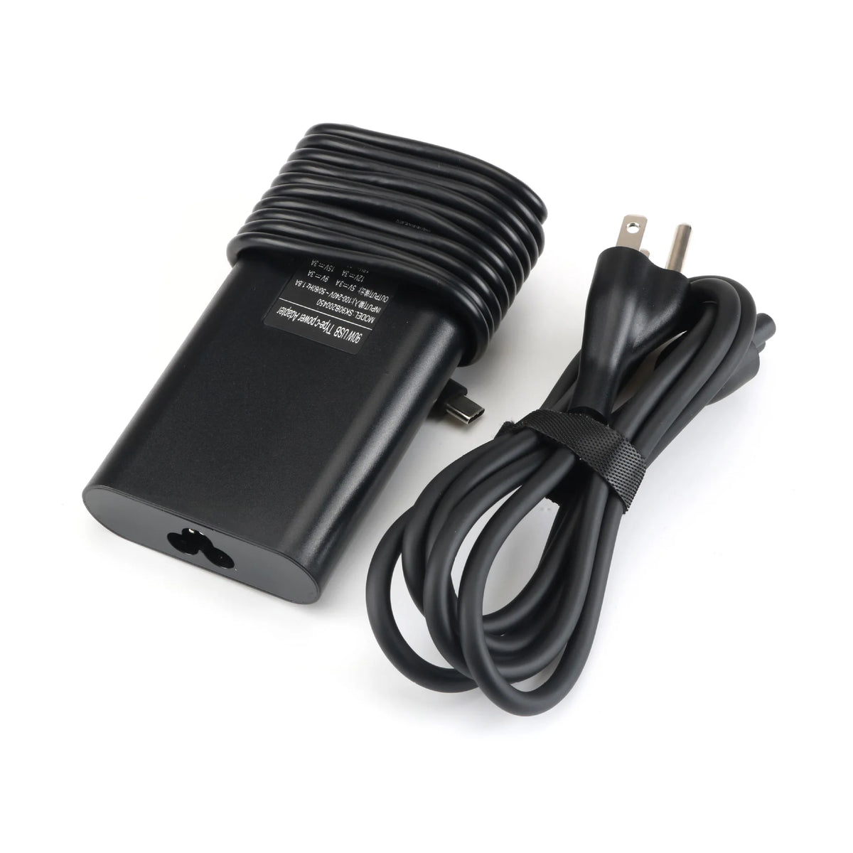 Black 130W USB-C laptop charger with a coiled black cable.
