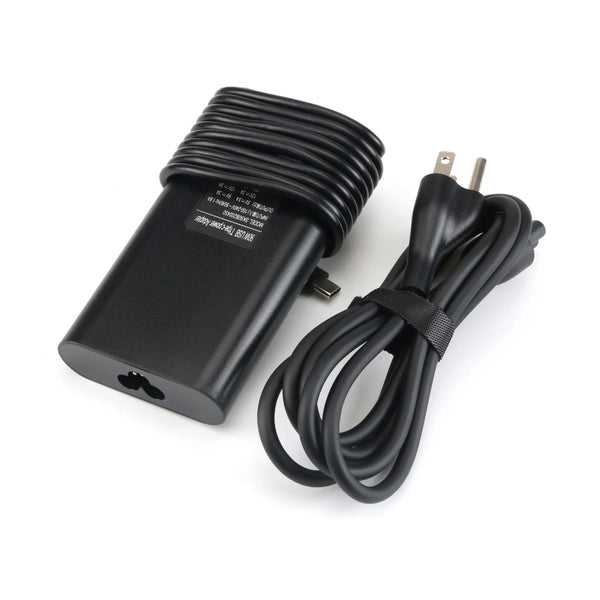 Chargeur d'ordinateur portable USB-C noir de 130W avec câble noir enroulé.