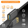 A black nylon braided USB 3.0 extension cable with multiple connectors shown next to various devices like a desktop, laptop, 
