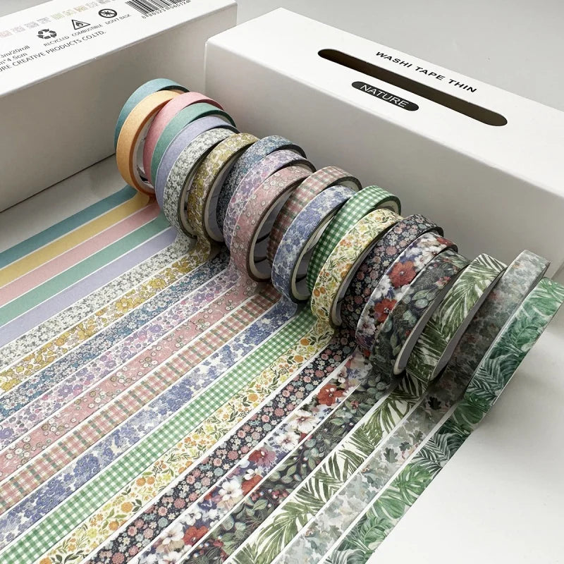 A collection of colorful retro washi tape rolls arranged on a sheet, with a white box in the background.