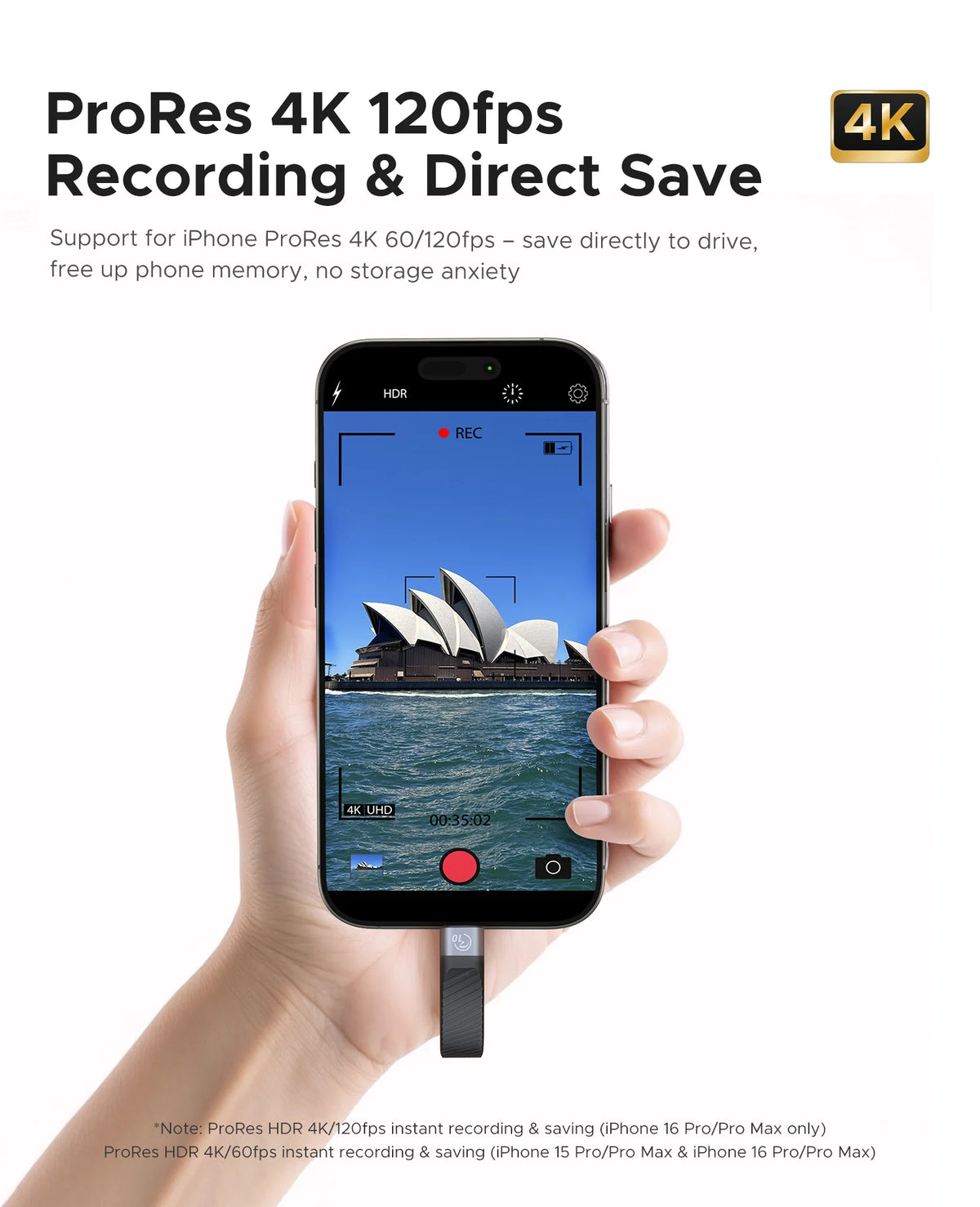 Una mano sostiene un iPhone grabando una escena, demostrando la grabación ProRes 4K a 120fps y la función de guardado directo