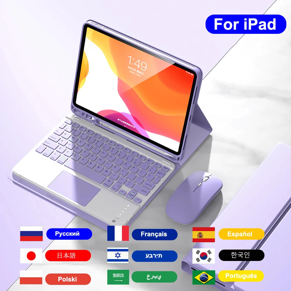Clavier et souris Bluetooth détachables blancs pour iPad, avec différentes options de langue.