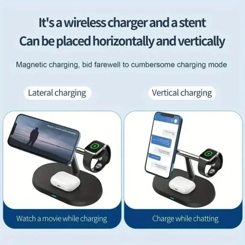 Magnetisches drahtloses Ladeständer in horizontaler und vertikaler Ausrichtung zum Aufladen eines Smartphones.