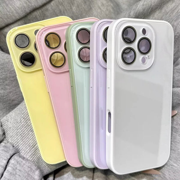 A row of colorful glossy tempered glass shockproof cases for iPhone, including yellow, pink, mint green, purple, and white.