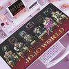 Anime-inspired XXL gaming mouse pad featuring characters and text on a purple background