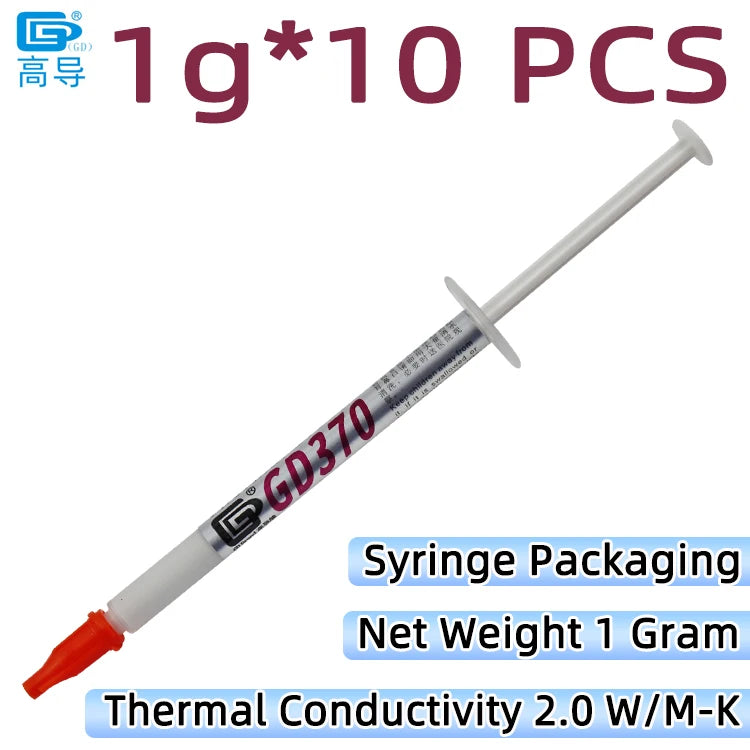 A syringe containing 1 gram of thermal conductive grease paste, labeled GD370, for high-performance applications.