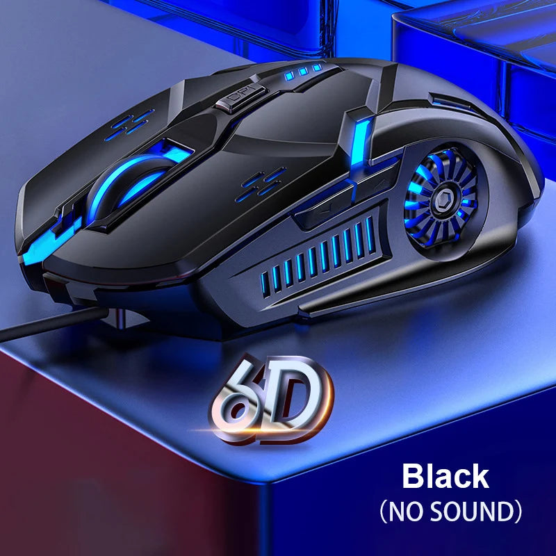 A black wired gaming mouse with blue RGB lighting and a textured grip is shown on a blue surface.