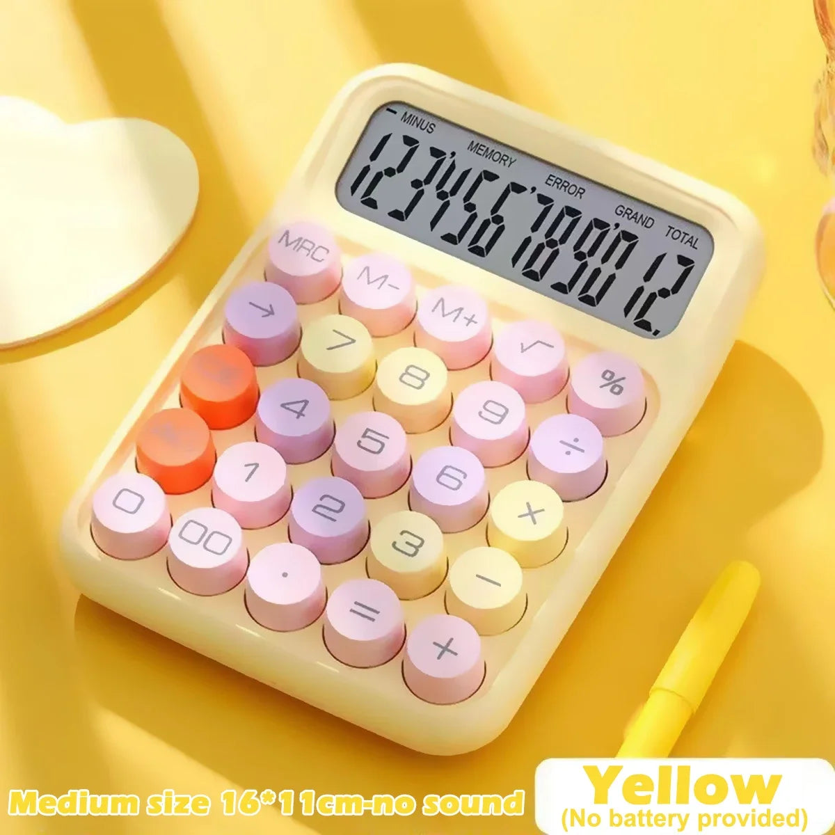 A yellow desktop calculator with pink and white keys is shown on a light yellow background.