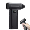 A black high-power brushless handheld air blower with a textured nozzle and an on/off switch is shown.