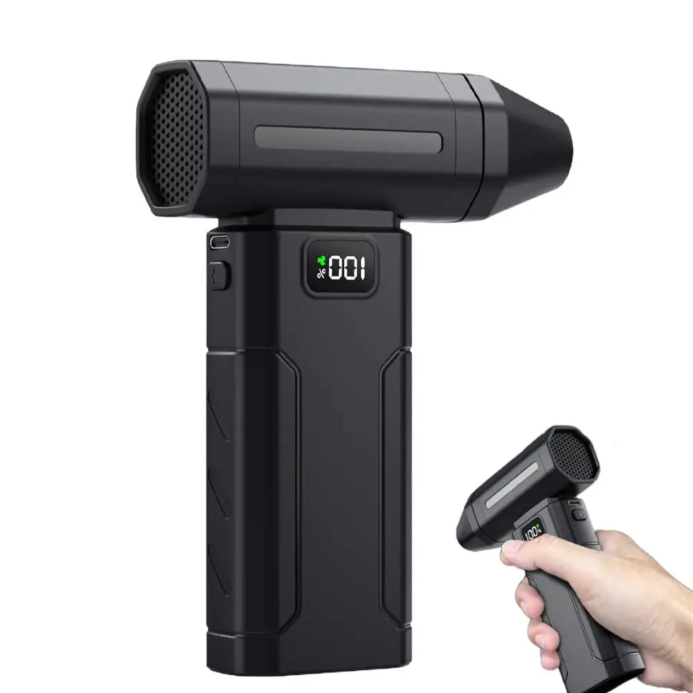 A black high-power brushless handheld air blower with a textured nozzle and an on/off switch is shown.