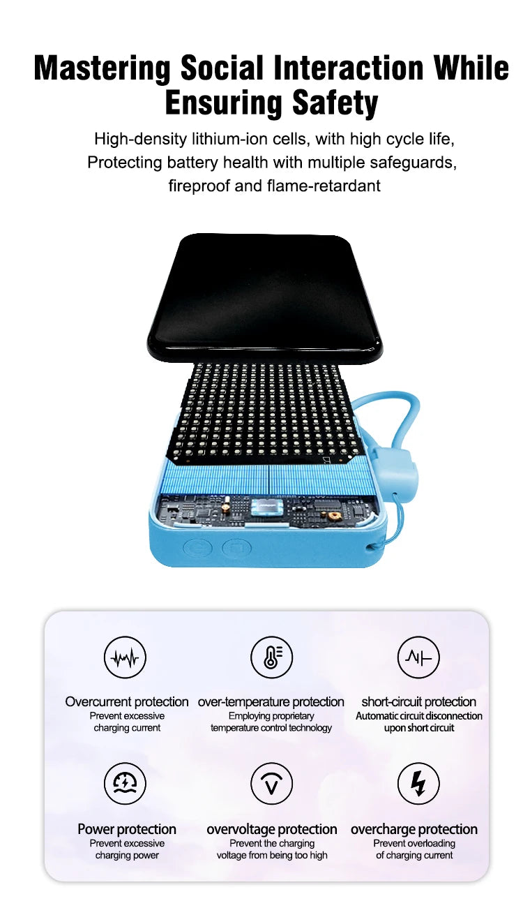 A blue smart display device featuring a grid of pixels and power ports, designed for social interaction while ensuring safety
