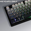 A close-up view of a set of light gray PBT keycaps for mechanical keyboards.