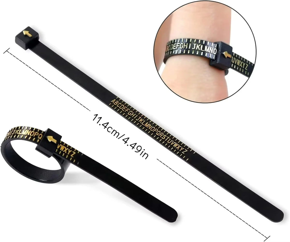 A black reusable ring sizer tool showing a finger size chart and a wrist band measurement.