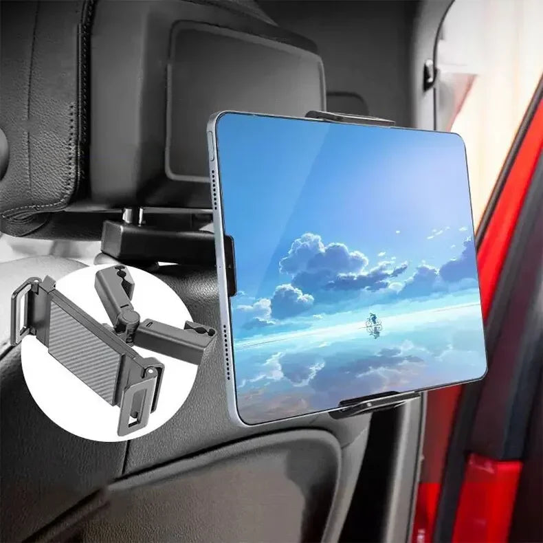 A smartphone is mounted on a telescopic car headrest mount inside a vehicle.