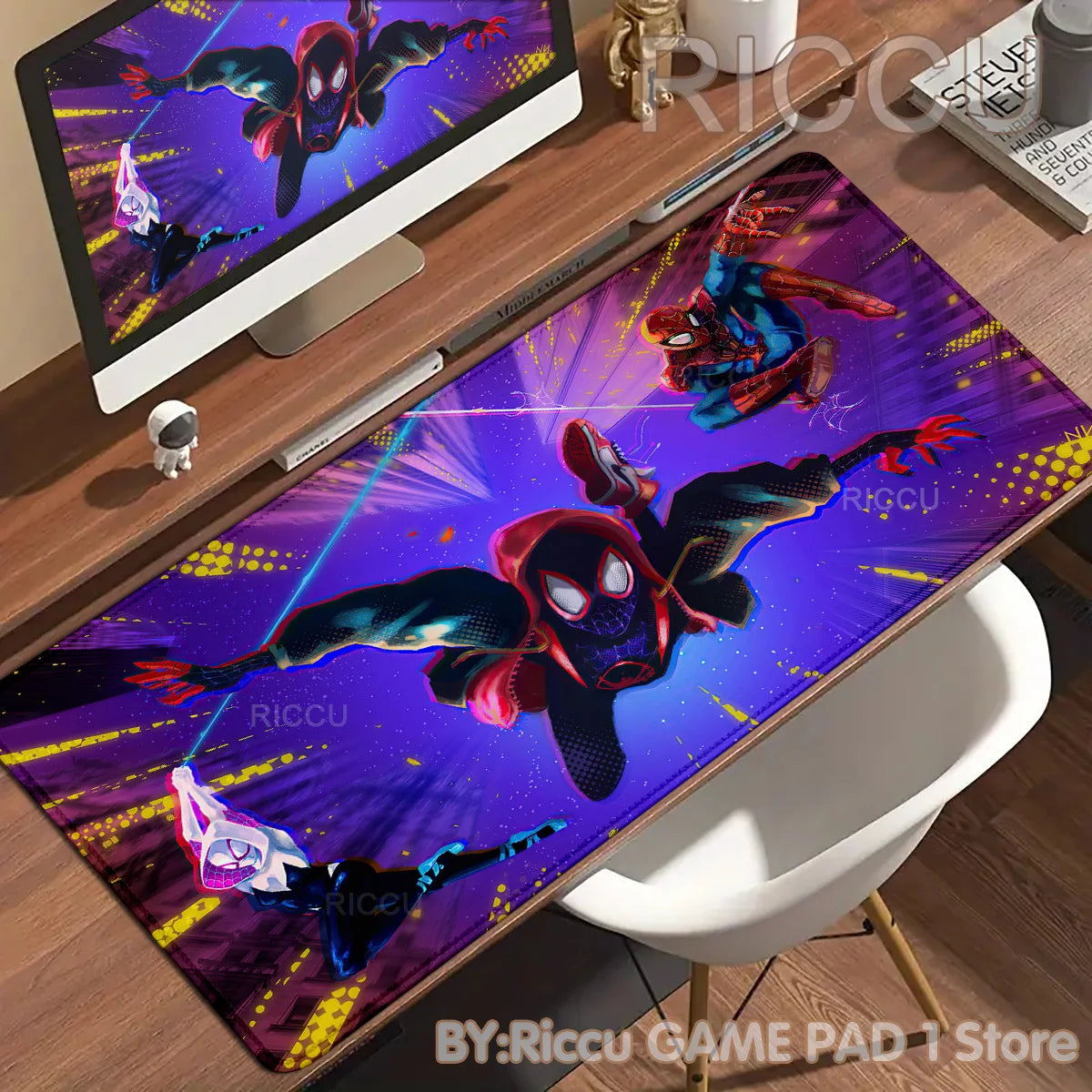 A vibrant Spider-Man anime desk mat featuring a superhero in a dynamic pose on a wooden desk.