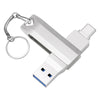 A silver metal body USB-C flash drive with a keyring attached.