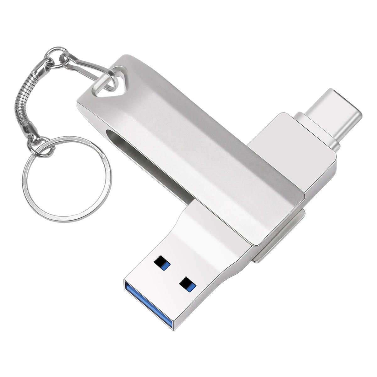 A silver metal body USB-C flash drive with a keyring attached.