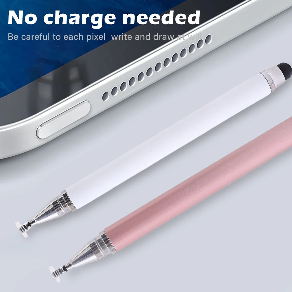 A white and pink dual-tip capacitive stylus pen is shown next to a tablet or smartphone.