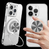A hand holds a clear magnetic phone ring holder and stand with a universal adapter, showing the device's design.