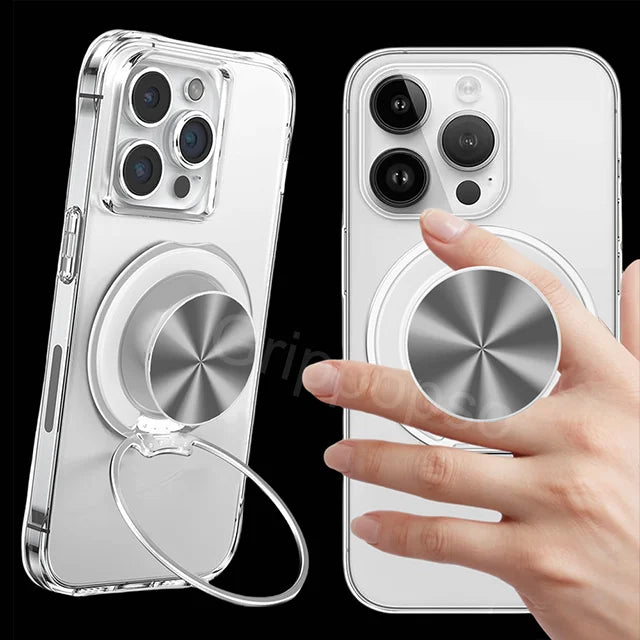 A hand holds a clear magnetic phone ring holder and stand with a universal adapter, showing the device's design.