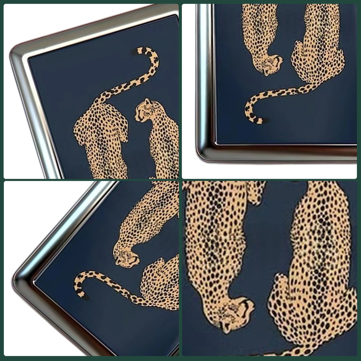 Vintage stainless steel card and cash case featuring a leopard print design on a dark blue background