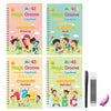 Four colorful practice copybook workbooks for kids featuring magic groove tracing and alphabet skills