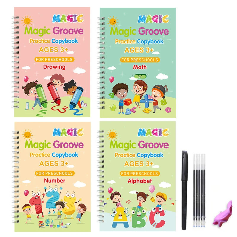 Four colorful practice copybook workbooks for kids featuring magic groove tracing and alphabet skills